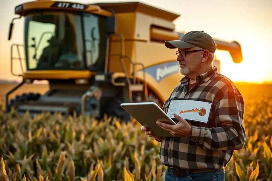 Colheitadeira moderna em um campo de soja ao amanhecer. Em primeiro plano, um produtor analisa dados de produtividade em um tablet, simbolizando o financiamento para máquinas agrícolas e a modernização do agro.