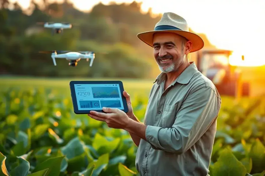 Produtor rural em uma lavoura de soja ao amanhecer, usando um tablet. Ao fundo, um trator e um drone simbolizam a fusão da tecnologia com o agronegócio para obter crédito com juros baixos.