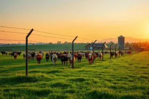 Vista panorâmica de uma cerca elétrica para bovinos em uma fazenda produtiva, com gado pastando ao pôr do sol.