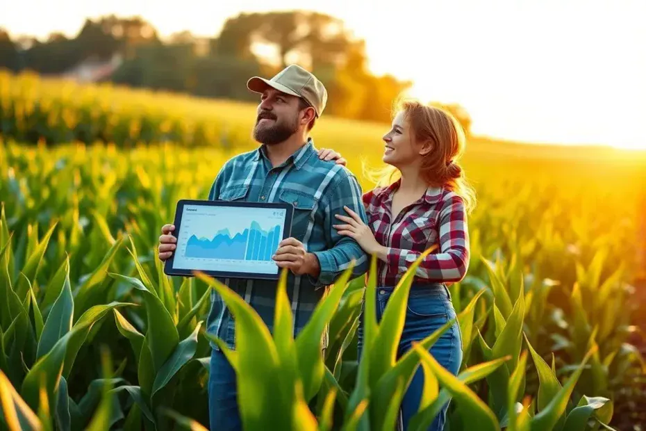 Família de agricultores em sua lavoura, olhando para o futuro com otimismo, simbolizando o sucesso alcançado com o apoio de programas como o PRONAF.