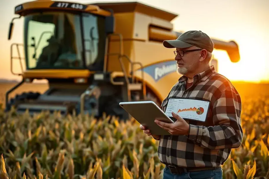 Colheitadeira moderna em um campo de soja ao amanhecer. Em primeiro plano, um produtor analisa dados de produtividade em um tablet, simbolizando o financiamento para máquinas agrícolas e a modernização do agro.
