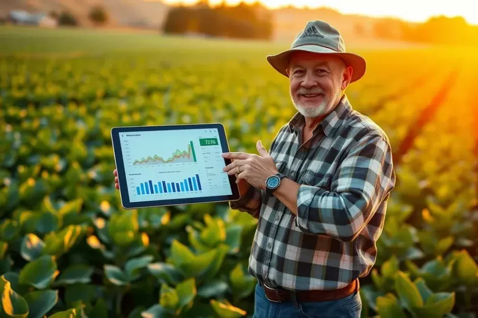 Produtor rural experiente em sua propriedade, analisando dados em um tablet, simbolizando o sucesso alcançado através do guia de crédito rural.