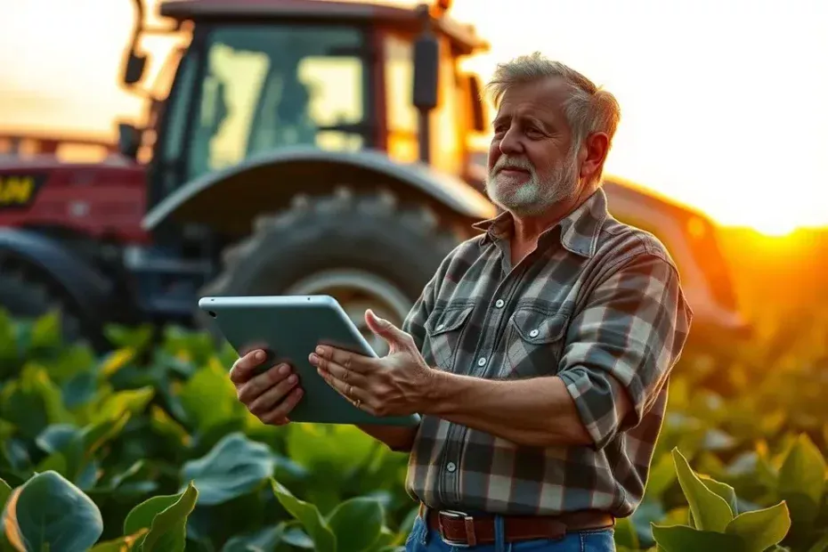 Produtor rural experiente em uma lavoura de soja ao amanhecer, usando um tablet para planejar o financiamento da safra, simbolizando a união de tradição e tecnologia.