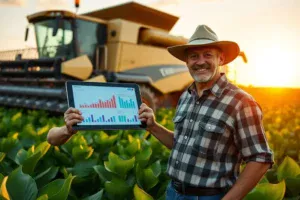 Produtor rural em sua lavoura ao amanhecer, segurando um tablet com gráficos financeiros, simbolizando o sucesso ao otimizar o financiamento rural.