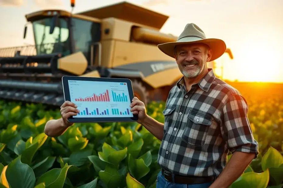 Produtor rural em sua lavoura ao amanhecer, segurando um tablet com gráficos financeiros, simbolizando o sucesso ao otimizar o financiamento rural.